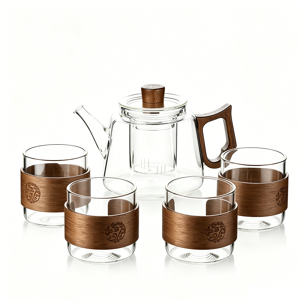Glass Octagonal Teapot & 4 Glass Cups Set 500ml