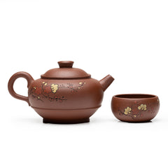 宜兴 紫砂原矿紫泥 暗香 虚扁壶 5头茶具200ml 